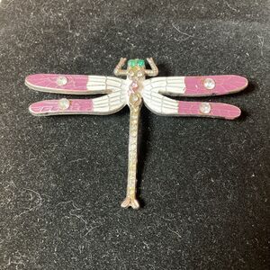 VTG Dragonfly Brooch Pin Silver Tone Clear Rhinestones Purple White Enamel Bug